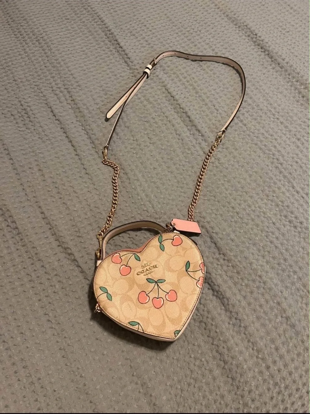 Coach Pink Cherry Heart-Shaped Signature Canvas Top-Handle Bag